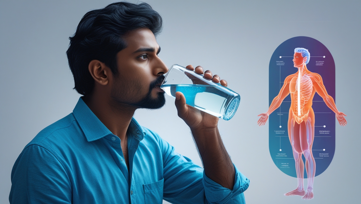 Illustration of a person drinking water slowly from a copper glass, highlighting Ayurvedic hydration tips for healthy living.